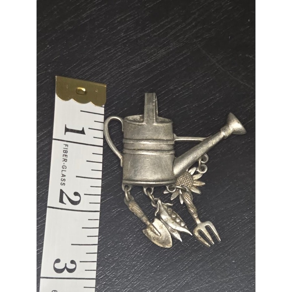 JJ Jonette Jewelry Pewter Watering Can Gardening Brooch Pin Sunflower Tools - Picture 4 of 4